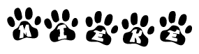 The image shows a series of animal paw prints arranged in a horizontal line. Each paw print contains a letter, and together they spell out the word Mieke.
