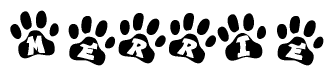 The image shows a series of animal paw prints arranged in a horizontal line. Each paw print contains a letter, and together they spell out the word Merrie.