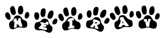 The image shows a series of animal paw prints arranged horizontally. Within each paw print, there's a letter; together they spell Meirav