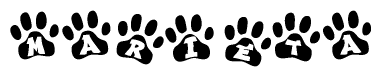 The image shows a series of animal paw prints arranged horizontally. Within each paw print, there's a letter; together they spell Marieta