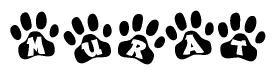 The image shows a series of animal paw prints arranged in a horizontal line. Each paw print contains a letter, and together they spell out the word Murat.
