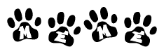 The image shows a series of animal paw prints arranged in a horizontal line. Each paw print contains a letter, and together they spell out the word Meme.