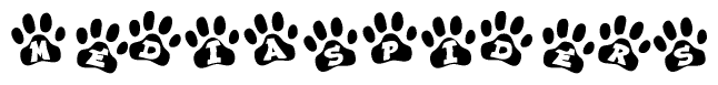 The image shows a series of animal paw prints arranged horizontally. Within each paw print, there's a letter; together they spell Mediaspiders