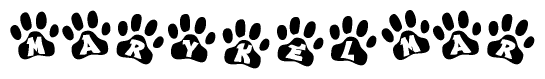 The image shows a series of animal paw prints arranged in a horizontal line. Each paw print contains a letter, and together they spell out the word Marykelmar.