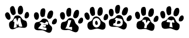 The image shows a series of animal paw prints arranged in a horizontal line. Each paw print contains a letter, and together they spell out the word Melodyt.