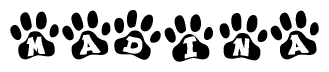 The image shows a series of animal paw prints arranged in a horizontal line. Each paw print contains a letter, and together they spell out the word Madina.