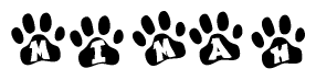 The image shows a row of animal paw prints, each containing a letter. The letters spell out the word Mimah within the paw prints.