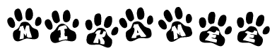 The image shows a series of animal paw prints arranged horizontally. Within each paw print, there's a letter; together they spell Mikamee
