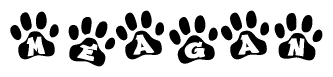 The image shows a series of animal paw prints arranged in a horizontal line. Each paw print contains a letter, and together they spell out the word Meagan.