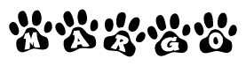 The image shows a series of animal paw prints arranged horizontally. Within each paw print, there's a letter; together they spell Margo