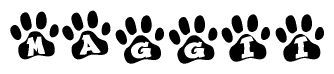 The image shows a series of animal paw prints arranged horizontally. Within each paw print, there's a letter; together they spell Maggii