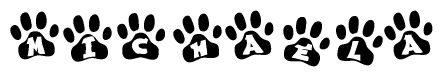 The image shows a series of animal paw prints arranged horizontally. Within each paw print, there's a letter; together they spell Michaela