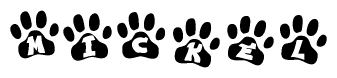 The image shows a row of animal paw prints, each containing a letter. The letters spell out the word Mickel within the paw prints.