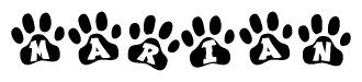 The image shows a series of animal paw prints arranged in a horizontal line. Each paw print contains a letter, and together they spell out the word Marian.