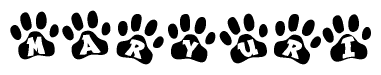 The image shows a series of animal paw prints arranged in a horizontal line. Each paw print contains a letter, and together they spell out the word Maryuri.