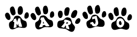 The image shows a series of animal paw prints arranged horizontally. Within each paw print, there's a letter; together they spell Marjo