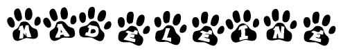 The image shows a row of animal paw prints, each containing a letter. The letters spell out the word Madeleine within the paw prints.