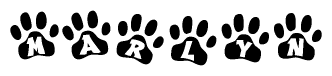 The image shows a row of animal paw prints, each containing a letter. The letters spell out the word Marlyn within the paw prints.