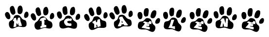 The image shows a series of animal paw prints arranged horizontally. Within each paw print, there's a letter; together they spell Michaelene
