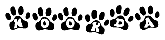 The image shows a row of animal paw prints, each containing a letter. The letters spell out the word Mookda within the paw prints.