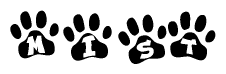 The image shows a row of animal paw prints, each containing a letter. The letters spell out the word Mist within the paw prints.