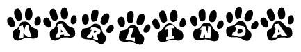 The image shows a series of animal paw prints arranged in a horizontal line. Each paw print contains a letter, and together they spell out the word Marlinda.