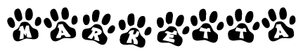The image shows a series of animal paw prints arranged in a horizontal line. Each paw print contains a letter, and together they spell out the word Marketta.