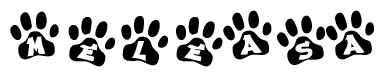 The image shows a row of animal paw prints, each containing a letter. The letters spell out the word Meleasa within the paw prints.