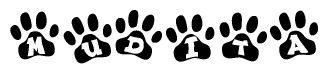 The image shows a series of animal paw prints arranged in a horizontal line. Each paw print contains a letter, and together they spell out the word Mudita.