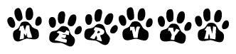 The image shows a series of animal paw prints arranged horizontally. Within each paw print, there's a letter; together they spell Mervyn