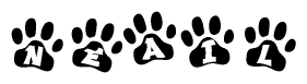 The image shows a series of animal paw prints arranged horizontally. Within each paw print, there's a letter; together they spell Neail