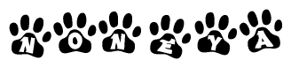 The image shows a row of animal paw prints, each containing a letter. The letters spell out the word Noneya within the paw prints.