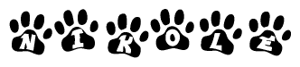 The image shows a series of animal paw prints arranged horizontally. Within each paw print, there's a letter; together they spell Nikole