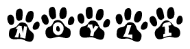 The image shows a row of animal paw prints, each containing a letter. The letters spell out the word Noyli within the paw prints.