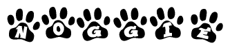The image shows a series of animal paw prints arranged horizontally. Within each paw print, there's a letter; together they spell Noggie