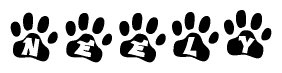 The image shows a series of animal paw prints arranged in a horizontal line. Each paw print contains a letter, and together they spell out the word Neely.