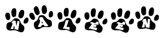 The image shows a series of animal paw prints arranged horizontally. Within each paw print, there's a letter; together they spell Naleen