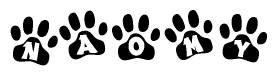 The image shows a series of animal paw prints arranged horizontally. Within each paw print, there's a letter; together they spell Naomy