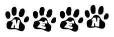 The image shows a row of animal paw prints, each containing a letter. The letters spell out the word Neen within the paw prints.