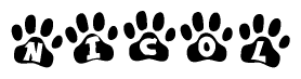 The image shows a series of animal paw prints arranged in a horizontal line. Each paw print contains a letter, and together they spell out the word Nicol.