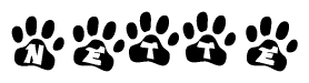 The image shows a row of animal paw prints, each containing a letter. The letters spell out the word Nette within the paw prints.