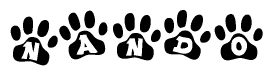 The image shows a row of animal paw prints, each containing a letter. The letters spell out the word Nando within the paw prints.