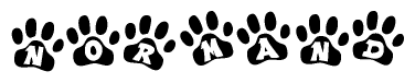 The image shows a row of animal paw prints, each containing a letter. The letters spell out the word Normand within the paw prints.
