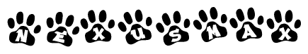 The image shows a row of animal paw prints, each containing a letter. The letters spell out the word Nexusmax within the paw prints.