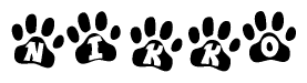 The image shows a series of animal paw prints arranged in a horizontal line. Each paw print contains a letter, and together they spell out the word Nikko.