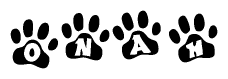 The image shows a series of animal paw prints arranged in a horizontal line. Each paw print contains a letter, and together they spell out the word Onah.