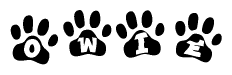 The image shows a series of animal paw prints arranged horizontally. Within each paw print, there's a letter; together they spell Owie