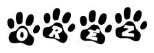 The image shows a series of animal paw prints arranged in a horizontal line. Each paw print contains a letter, and together they spell out the word Orez.