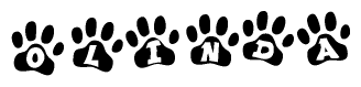 The image shows a row of animal paw prints, each containing a letter. The letters spell out the word Olinda within the paw prints.