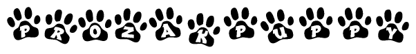 The image shows a series of animal paw prints arranged horizontally. Within each paw print, there's a letter; together they spell Prozakpuppy